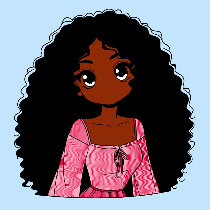 a black anime girl with long afro hair