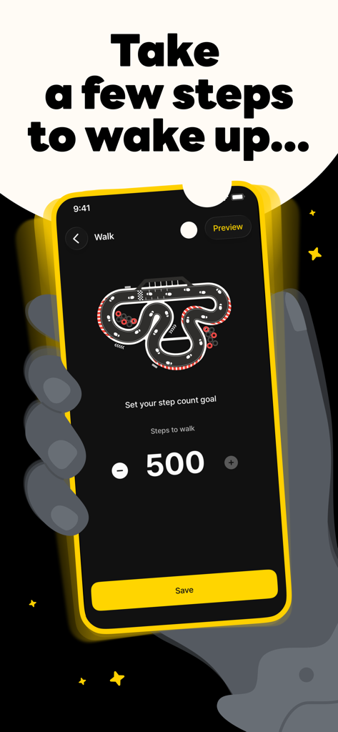 SuperAlarm app interface showing a walking mission with a 500 step count goal to turn off the alarm.