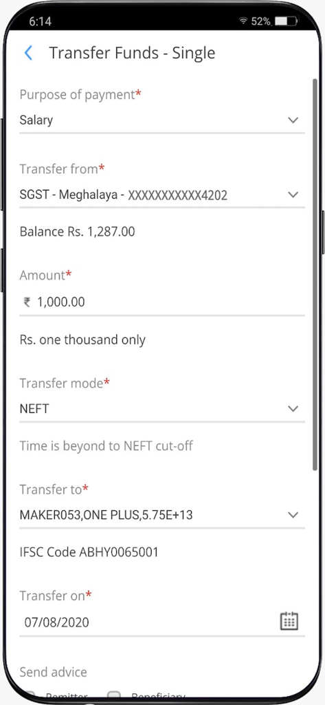 HDFC Bank Corp mobile app fund transfer screen showing fields for salary payment and transfer details