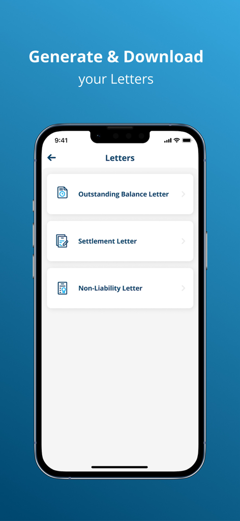 Mo Finans mobile app interface showing options to generate and download outstanding balance settlement and non-liability letters
