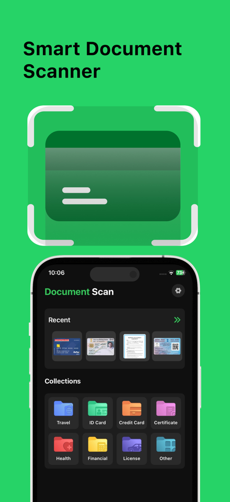 Multi Messenger : Whatify - Interface of the Whatify app showing the smart document scanner and organized document folders for ID cards and certificates