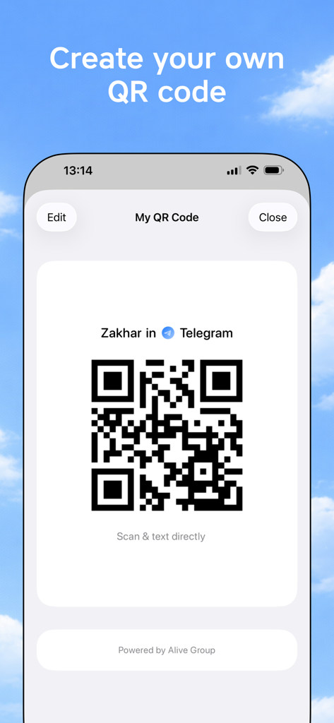 QuickChat: communicate faster - Screenshot of the QuickChat app showing the feature to create a personal QR code for instant Telegram messaging