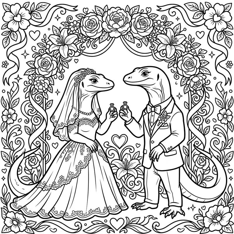 Dive into a unique celebration of love with this captivating monitor lizard wedding coloring page. Featuring two elegantly dressed lizards exchanging rings amidst a beautiful floral arch, it promises a wonderfully whimsical coloring experience.
