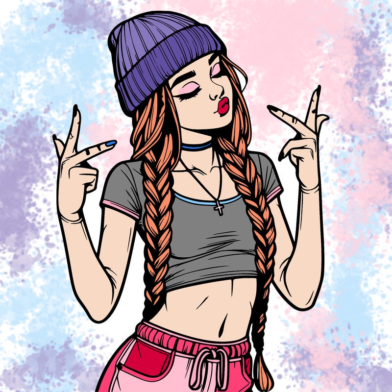 realistic teenage girl with braids and a beanie and crop top doing 🫶🏼