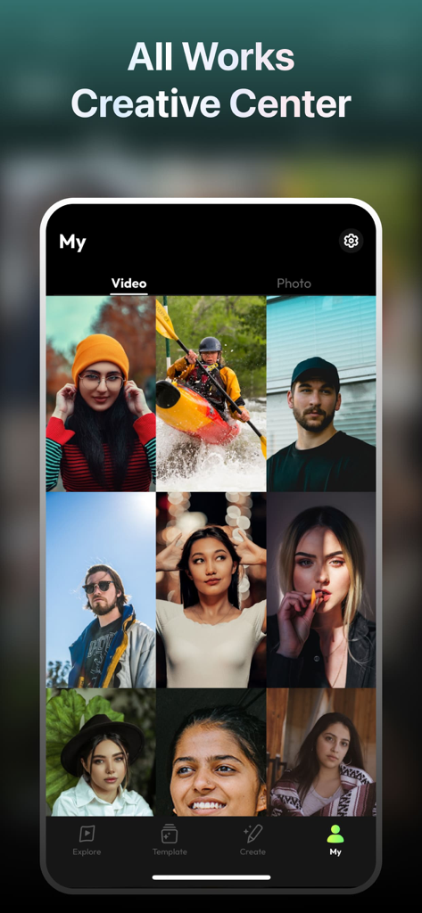 Vimi AI: Video Generator - A gallery view of user-generated videos and photos in the Vimi AI app's creative center.