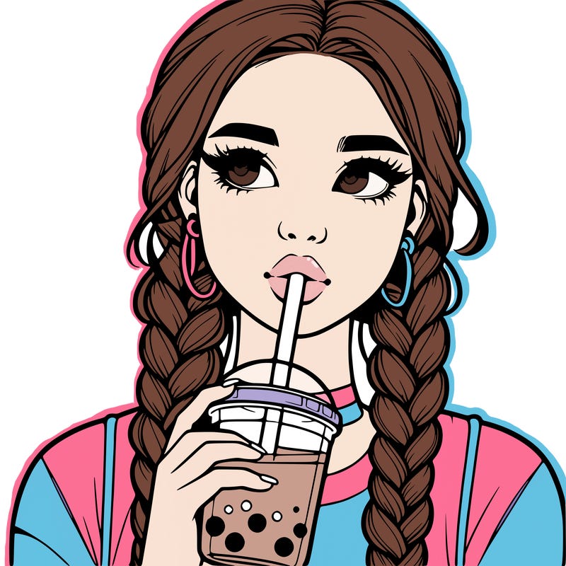 realistic girl with braided hair drinking boba