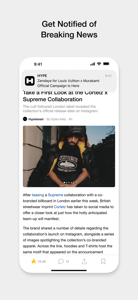 HYPE by Hypebeast - Interface of the HYPE by Hypebeast app showing a push notification for a fashion campaign and an article about a streetwear collaboration.