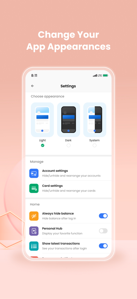 Vattanac Bank mobile app settings screen showing options for light mode dark mode and dashboard customization