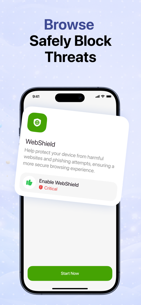 Mobile Security app interface showing the WebShield feature to block harmful websites and phishing attempts.