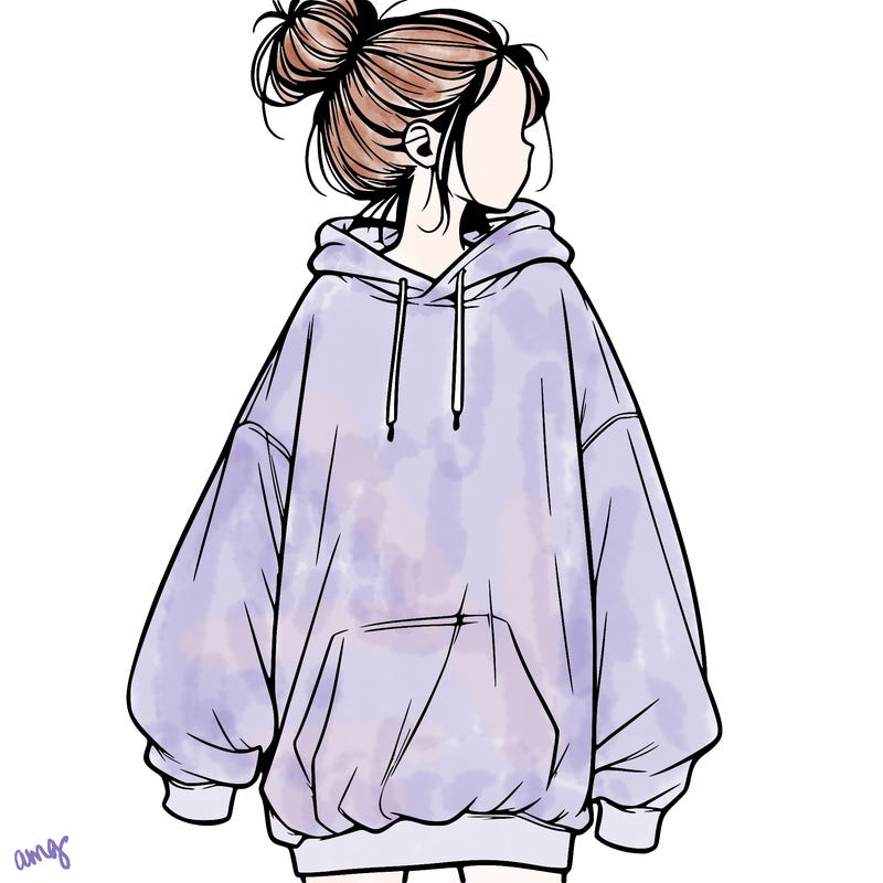 realistic girl with a oversized sweatshirt on and a bun