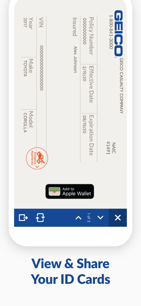 GEICO Mobile - Car Insurance - GEICO Mobile app screen showing a digital insurance ID card and Apple Wallet button