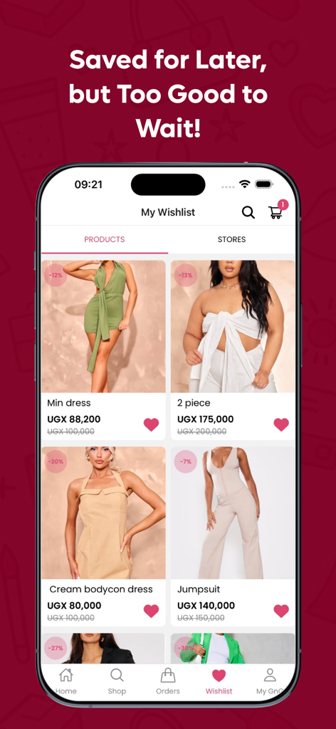 Glam n' Go - Mobile interface of Glam n' Go app showing the user's saved wishlist of trendy women's clothing.