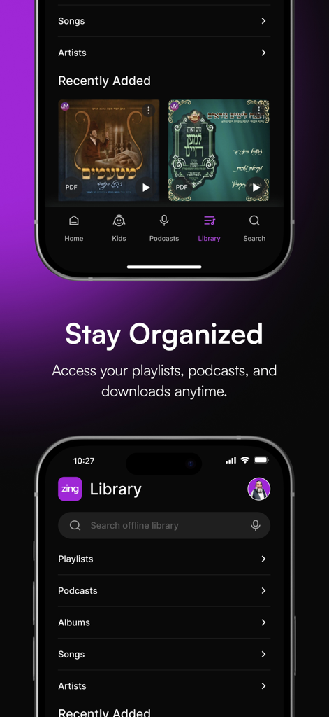 Zing Jewish Music app interface showing the library screen with playlists, podcasts, and recently added albums