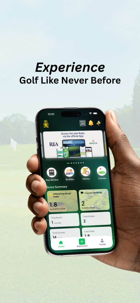A person holding a smartphone showing the MGA WHS golf app dashboard with official handicap index and score summary.