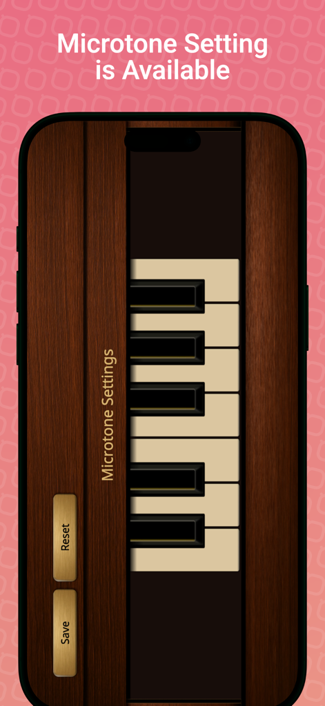 Recorder Sim - Recorder Sim App-Oberfläche für Mikroton-Einstellungen mit Holzdesign und vertikalen Tastaturtasten.