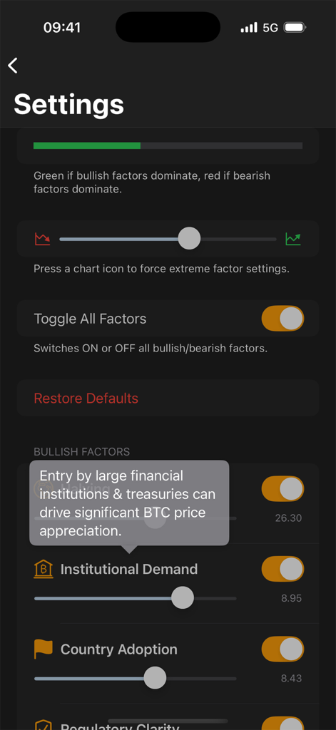 仮想通貨市場シミュレーションの強気要因を調整可能にし、緑色のティルトバーを表示しているBitcoin Sim設定画面のスクリーンショット。