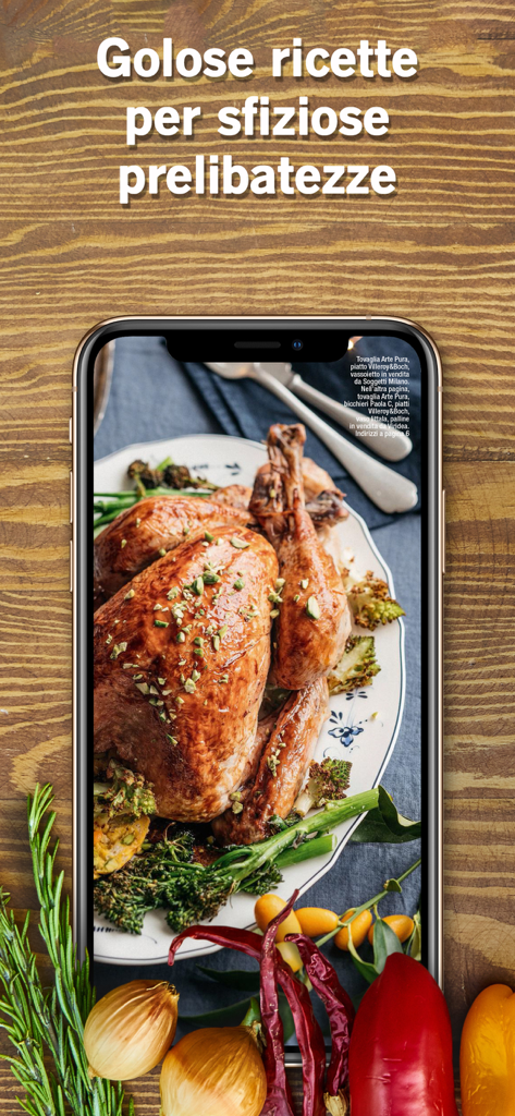 Sale&Pepe - A smartphone displaying a roasted chicken recipe from the Sale and Pepe Italian culinary magazine app.