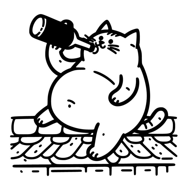 fat cat sitting on roof chugging bottle