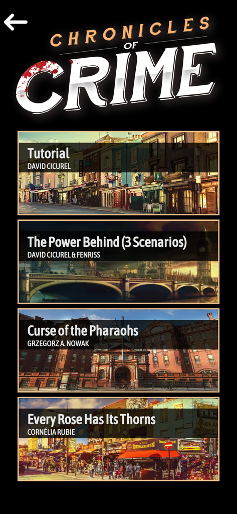 Chronicles of Crime - Chronicles of Crime app scenario selection screen showing various detective cases.