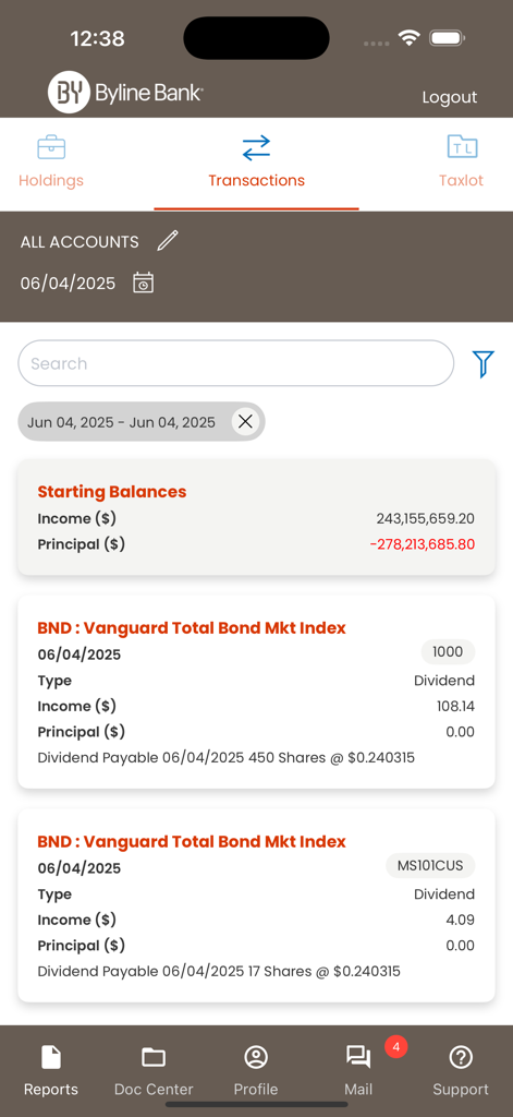 Byline Bank Wealth Mobile - Byline Bank Wealth Mobile app interface displaying a list of investment transactions and account balances.