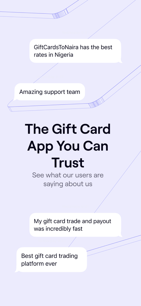 GiftCardsToNaira:Sell GiftCard - User testimonials highlighting the trust, speed, and best rates of the GiftCardsToNaira app.