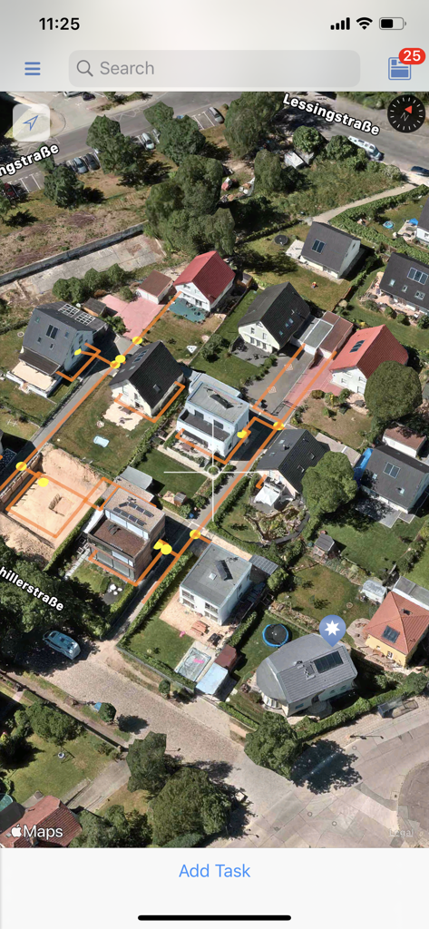 A satellite map view in the GeoAce app displaying residential property boundaries and yellow survey points for geospatial data collection