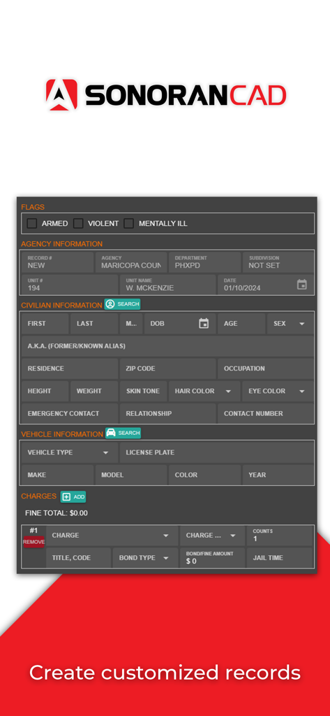 Sonoran CAD - Sonoran CAD mobile app screen for creating customized records in a gaming simulation.