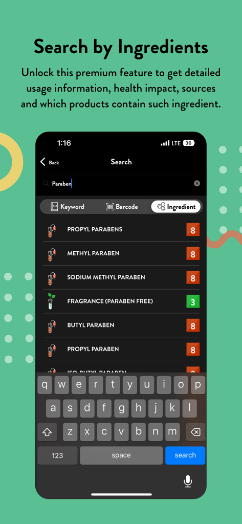 Think Dirty – Shop Clean - Think Dirty app interface showing a search for paraben ingredients with safety ratings on a color-coded scale.