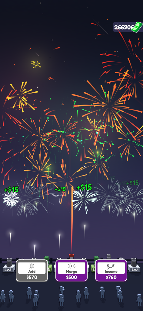 Fireworks Idle 3D - Un colorato spettacolo di fuochi d'artificio in Fireworks Idle 3D con pulsanti di potenziamento per aggiungere e unire scintille.