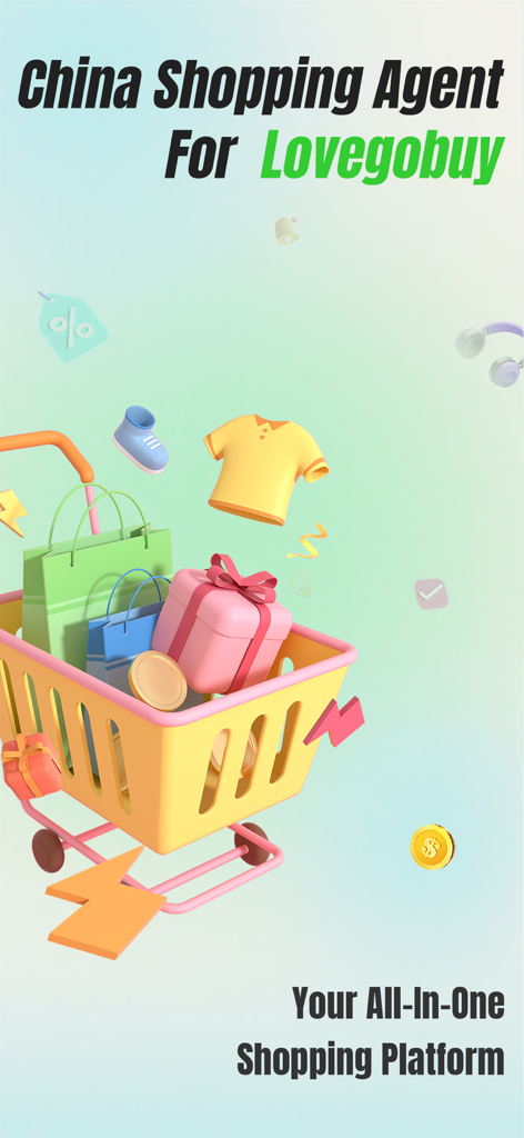 Promotional graphic for Lovegobuy showing a 3D shopping cart filled with items and the text China Shopping Agent