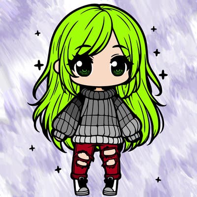 chibi girl with ripped jeans,long hair, and an oversized sweater