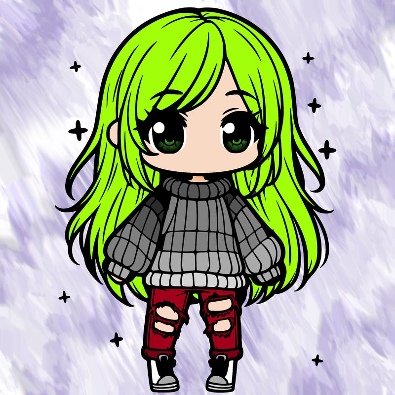 chibi girl with ripped jeans,long hair, and an oversized sweater