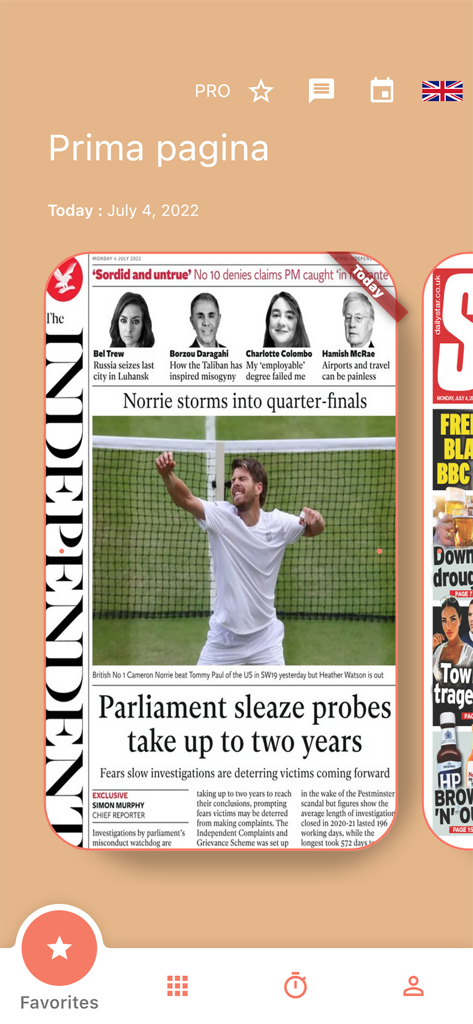 Prima Pagina Quotidiani - The Prima Pagina app interface displaying a digital front page of The Independent newspaper.