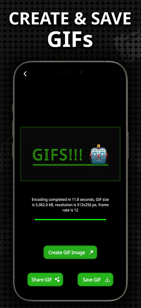 LED Banner: LED Scroller Board - Interfaz de la aplicación LED Banner mostrando opciones para crear, compartir y guardar GIFs de texto desplazable