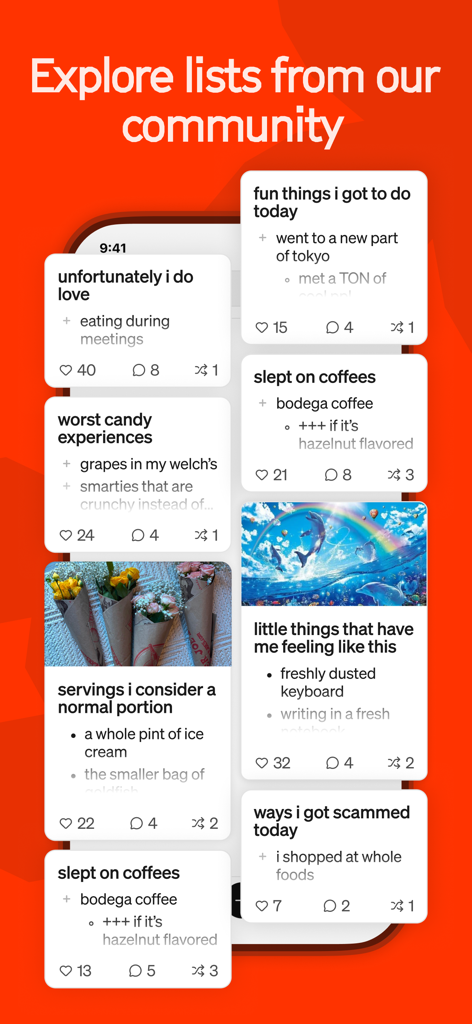 A social feed of diverse user-generated lists and thoughts within the Ditto app community
