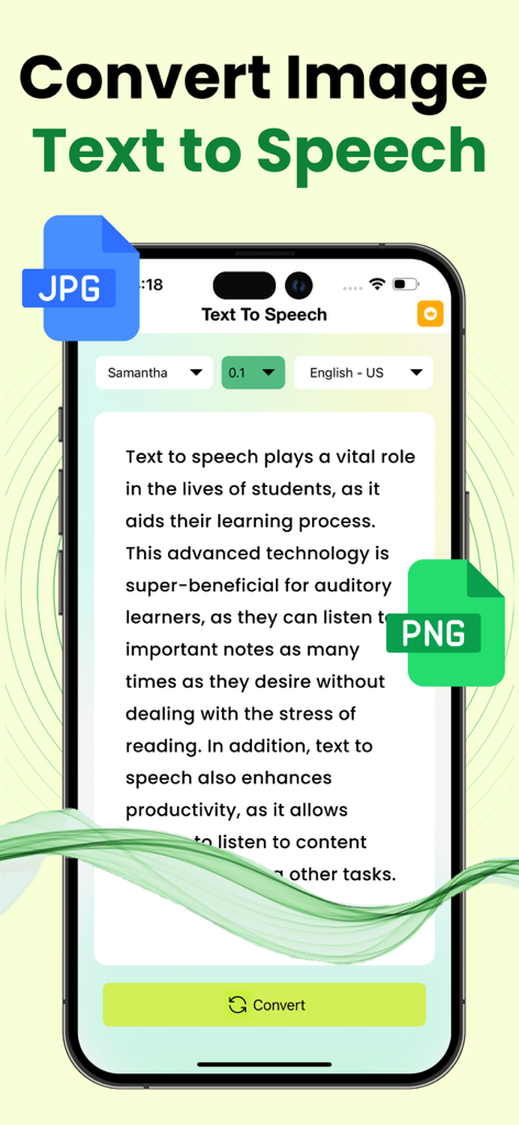 Interface do aplicativo mostrando como converter texto de imagens JPG e PNG em fala usando vozes AI.