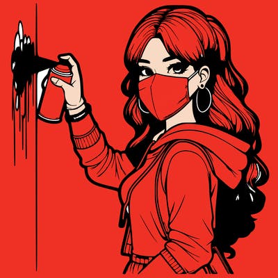 realistic girl with mask spray painting a wall