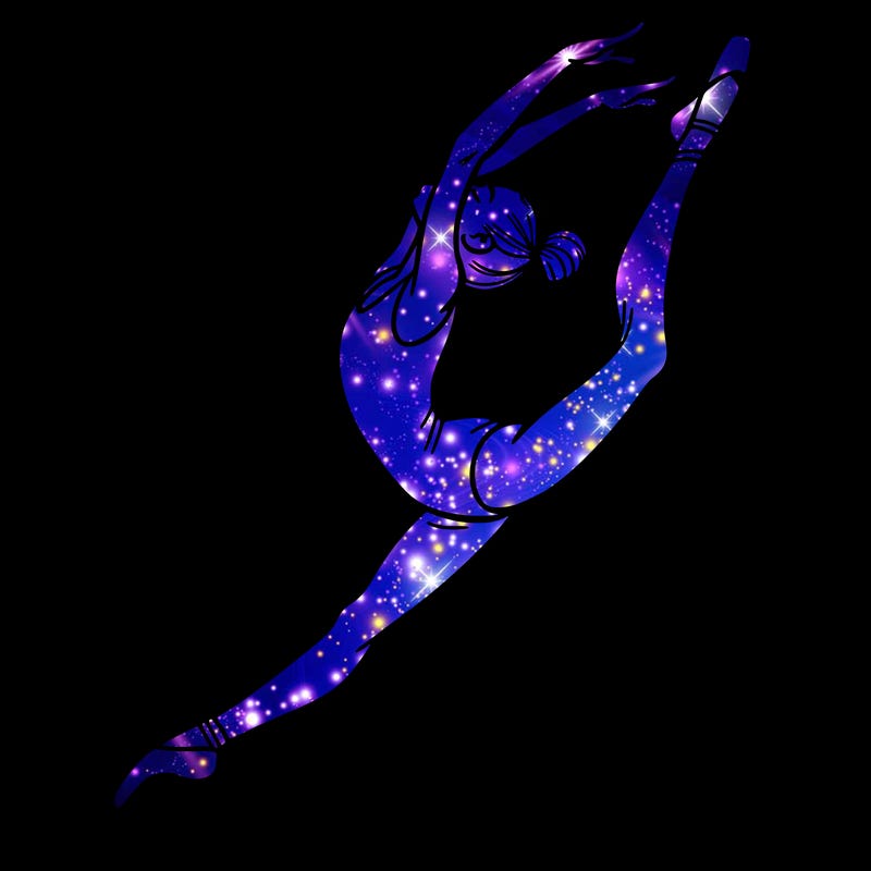 gymnast doing a leap in a leotard with a bent back leg