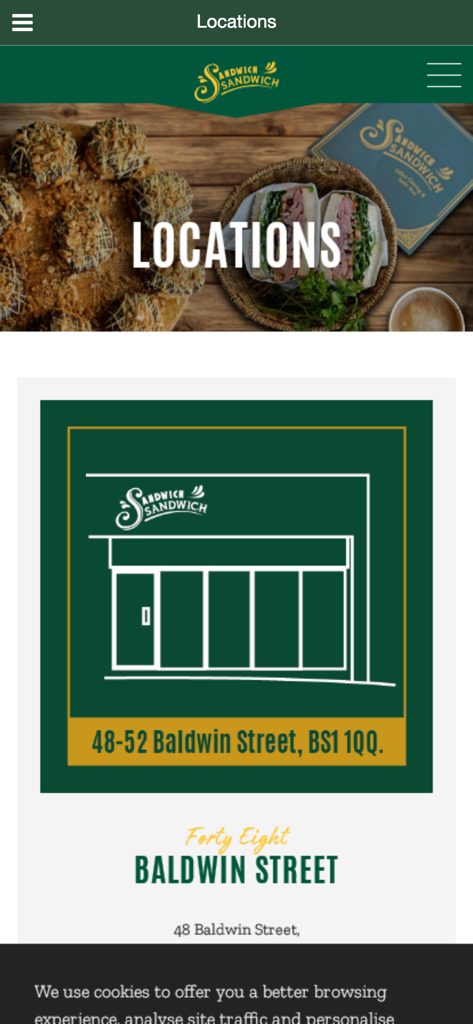Sandwich Sandwich - Sandwich Sandwich app locations screen displaying the Baldwin Street shop address