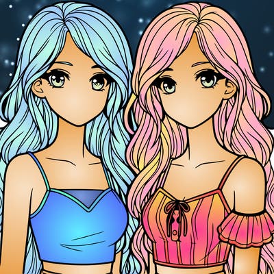 realistic twin sisters with long hair