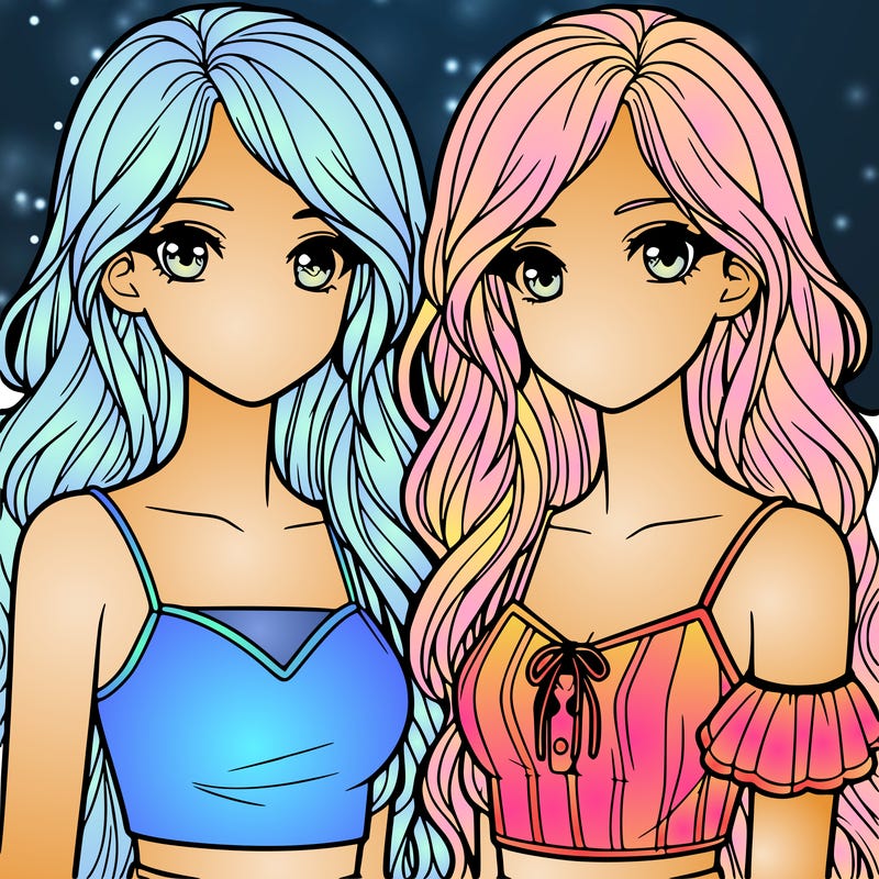 realistic twin sisters with long hair