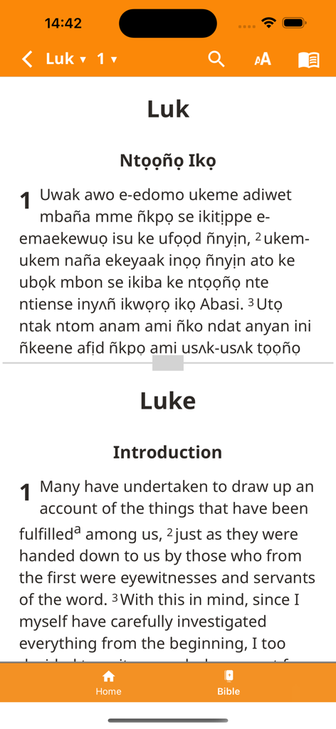 Parallel view of the Book of Luke in Ibibio and English on the Adisana Nwed Abasi mobile app.