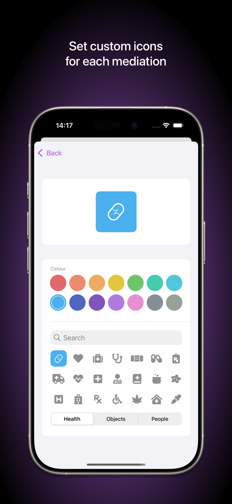 Capsule — Medication Tracker - A screen in the Capsule app showing options to customize medication icons with different colors and health-related symbols.
