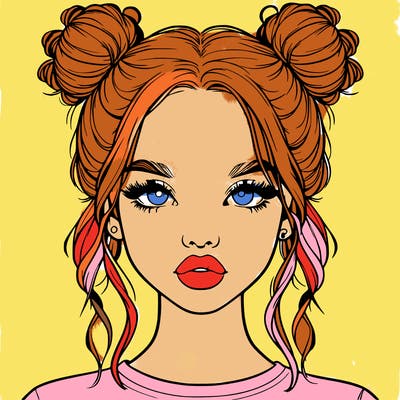 realistic girl with two buns in hair and lips