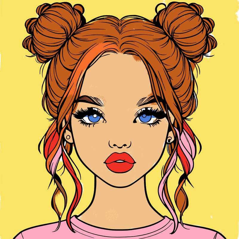 realistic girl with two buns in hair and lips