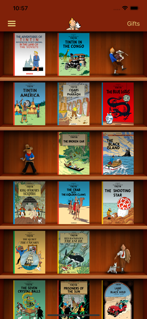 The Adventures of Tintin - A digital bookshelf featuring various classic Tintin comic book covers in the official app