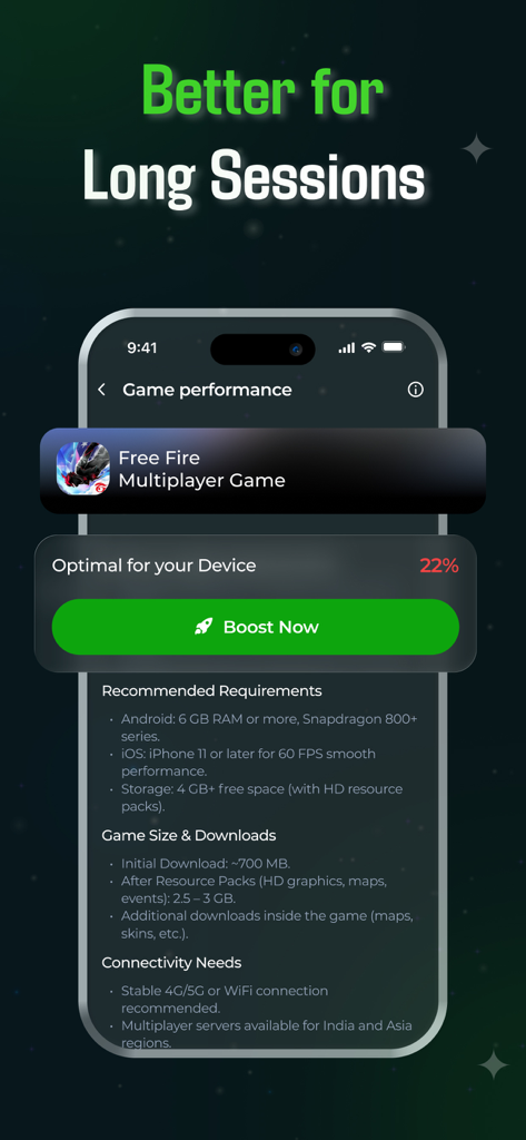 PlayFast - GFX 4X Game Booster - PlayFastアプリのインターフェース。Free Fireのゲームパフォーマンス最適化と緑色の「今すぐブースト」ボタンを表示。