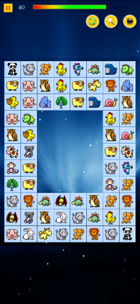 Interfaccia del classico gioco puzzle Pet Connect con una griglia di simpatiche tessere di animali