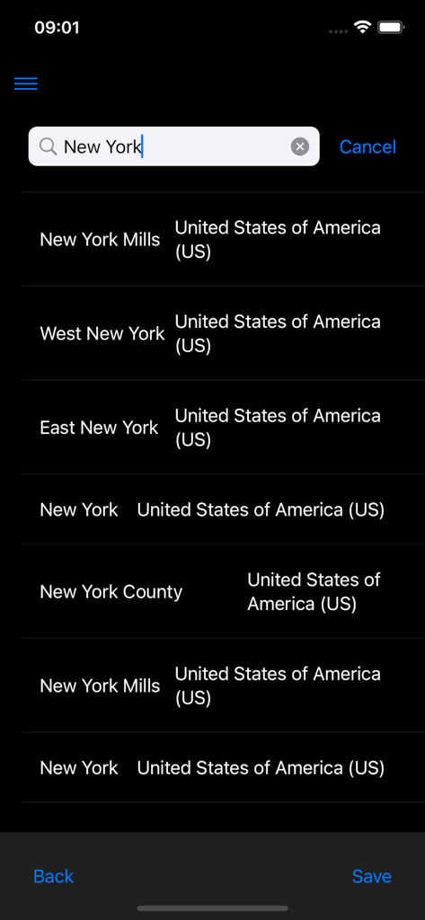 Interfaccia di ricerca dell'app Weather Station Live che mostra i risultati per le località di New York