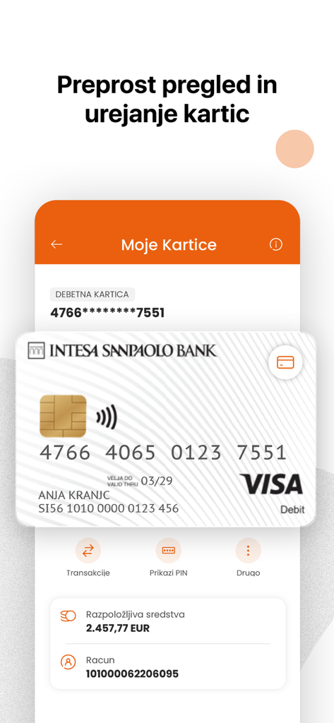 INTESA SANPAOLO BANK MOBILE - Interfaccia dell'app mobile che mostra una carta di debito Visa con saldo del conto e opzioni di transazione